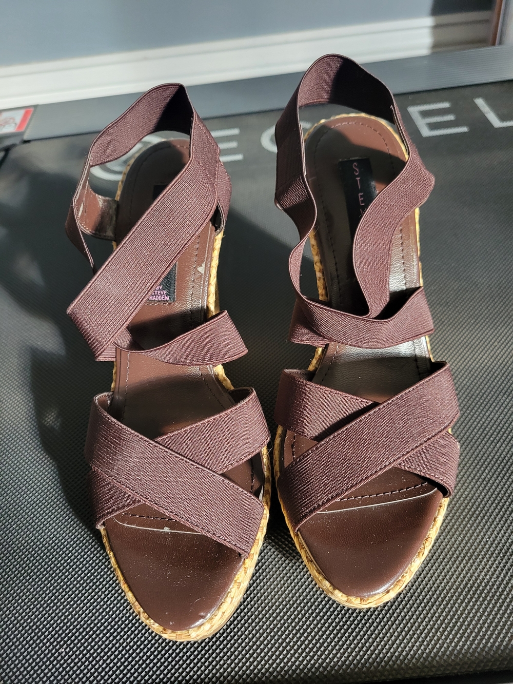 Steve Madden Chocolate Brown Elastic Crisscross Wedge Sandals
